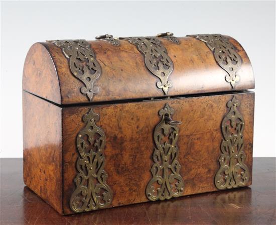 A Victorian brass mounted burr wood tea caddy, 9in.